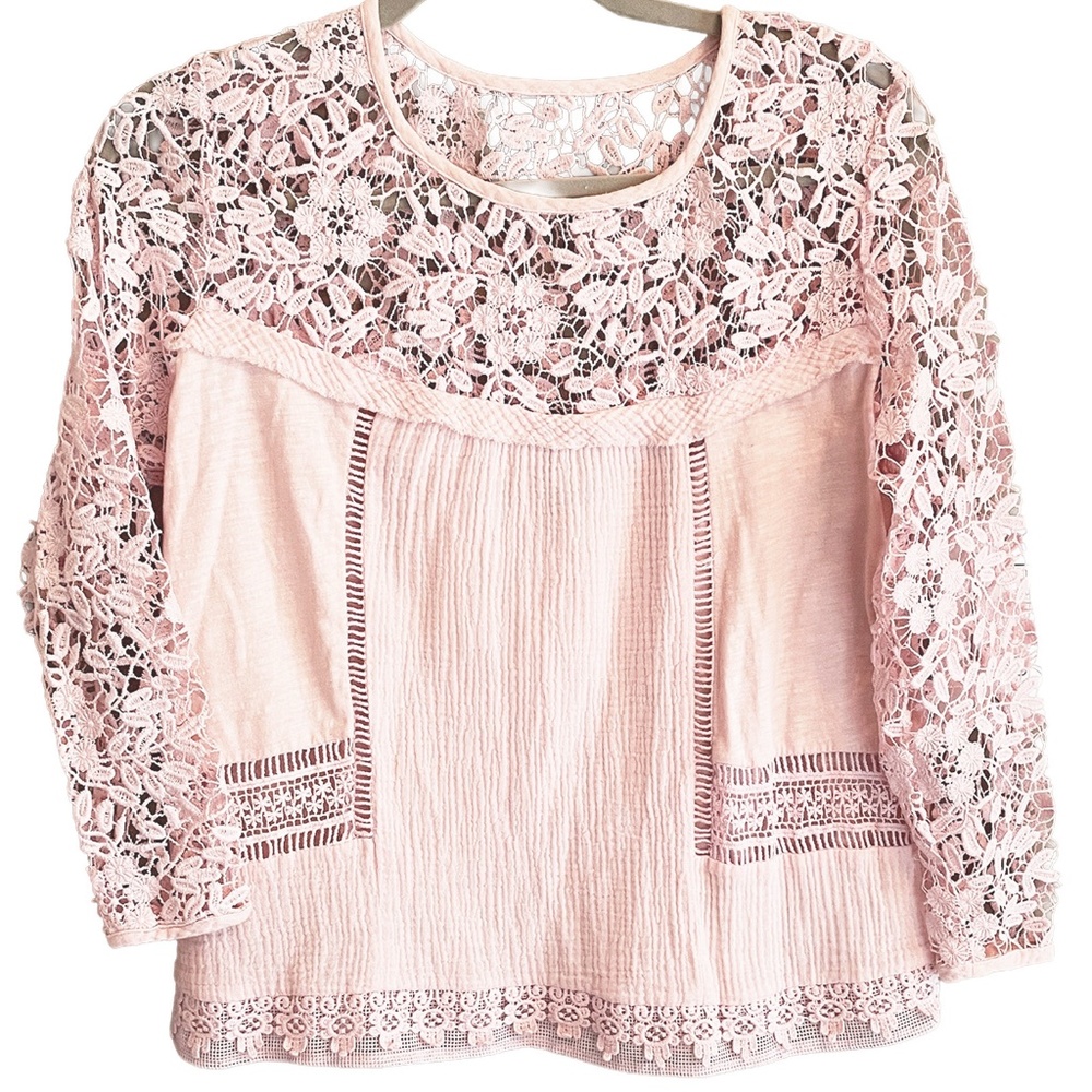 Anthropologie Blush Pink Lace Long Sleeve Blouse Top Size SM